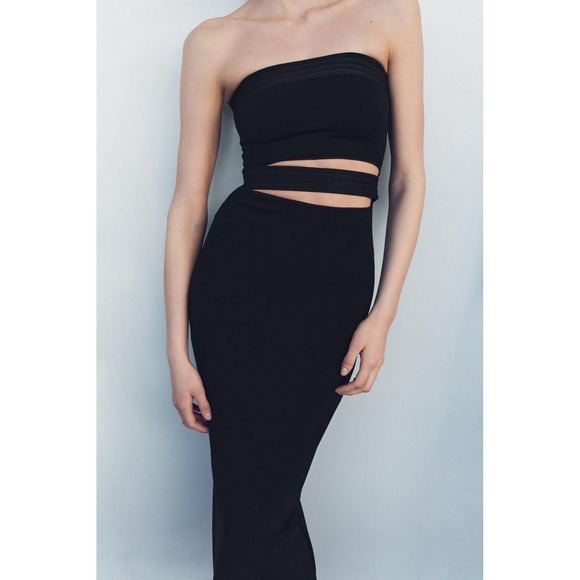 Zara Dress Medium Black Strapless Cutout Midi Bodycon Evening Party Classic Chic - Picture 1 of 12